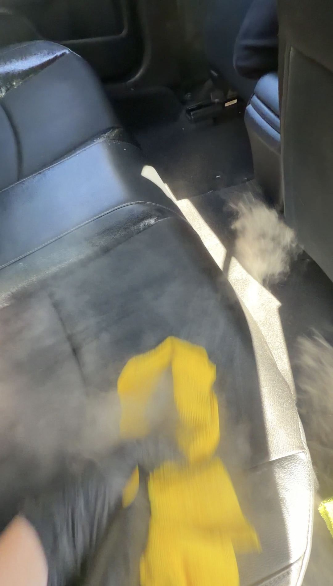 Steam cleaning the rear seat of a Honda Civic to treat cat urine