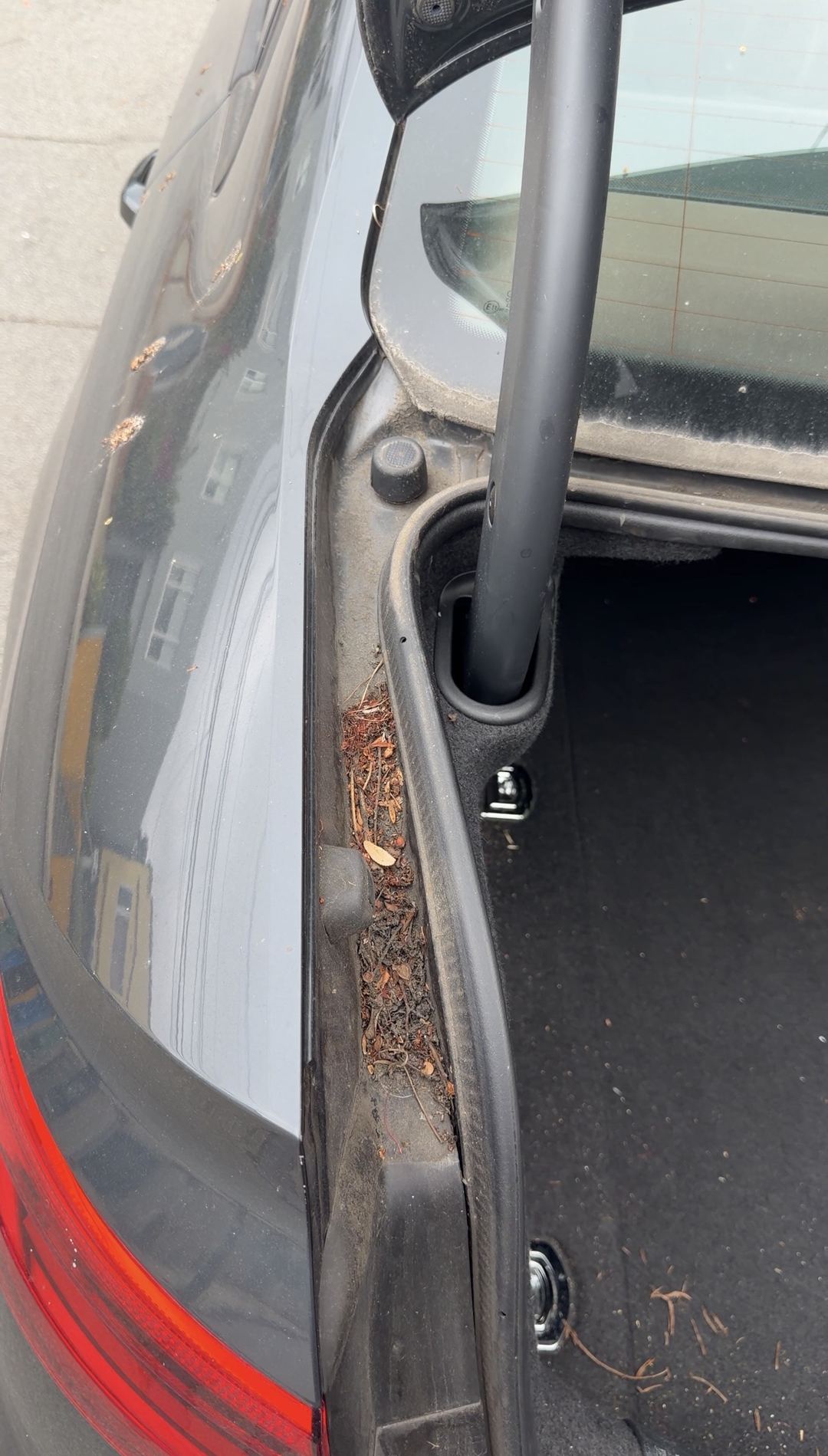 Needles packed in the channel beside the trunk hinge of an Audi A4