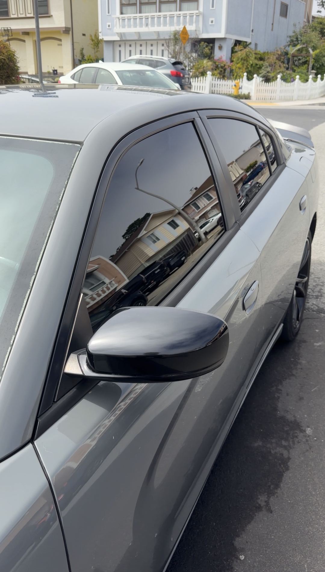 Clean grey Dodge Charger front door and black mirror after an exterior detail