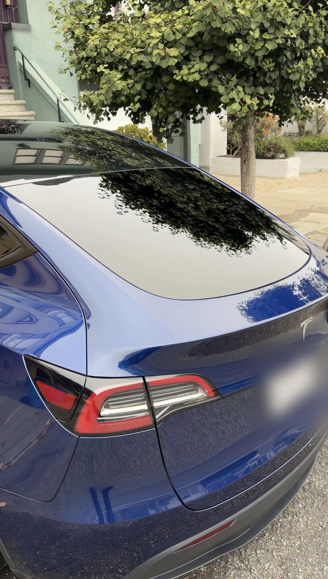 Rear three-quarter view of a freshly detailed deep blue Tesla Model Y with a street tree reflected in the clean paint.