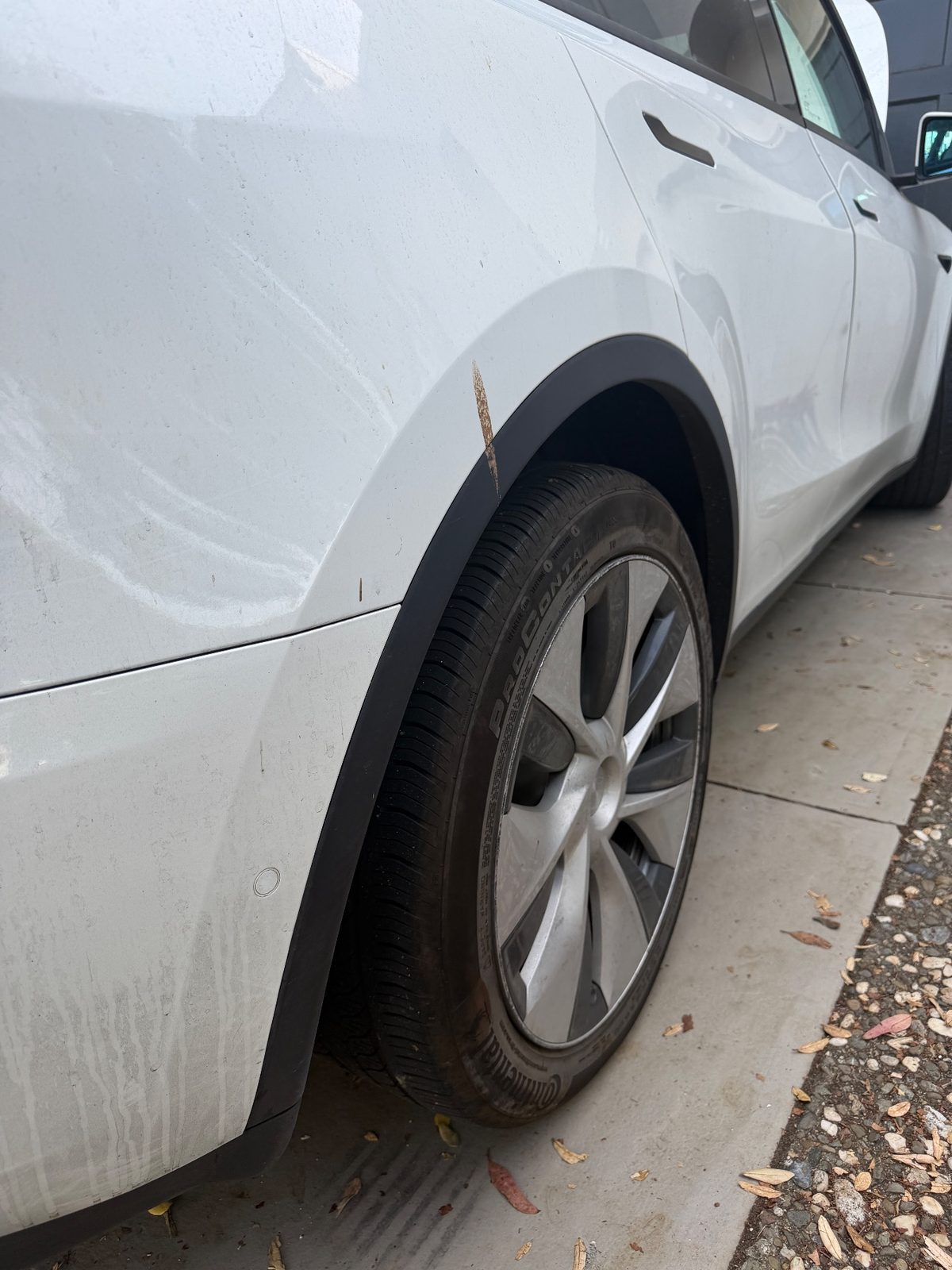 Rear quarter panel and wheel of a white Tesla Model Y before detailing, with a brown drip stain and dusty streaks