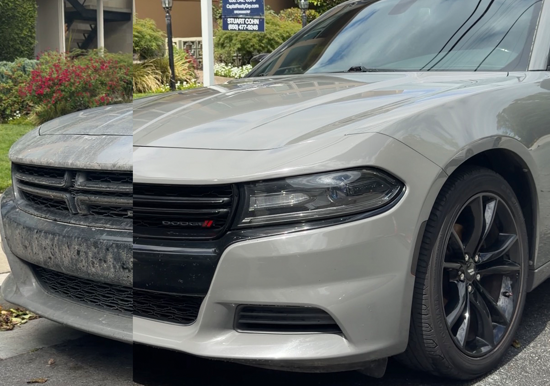 exterior car detailing san francisco — before and after split on vehicle