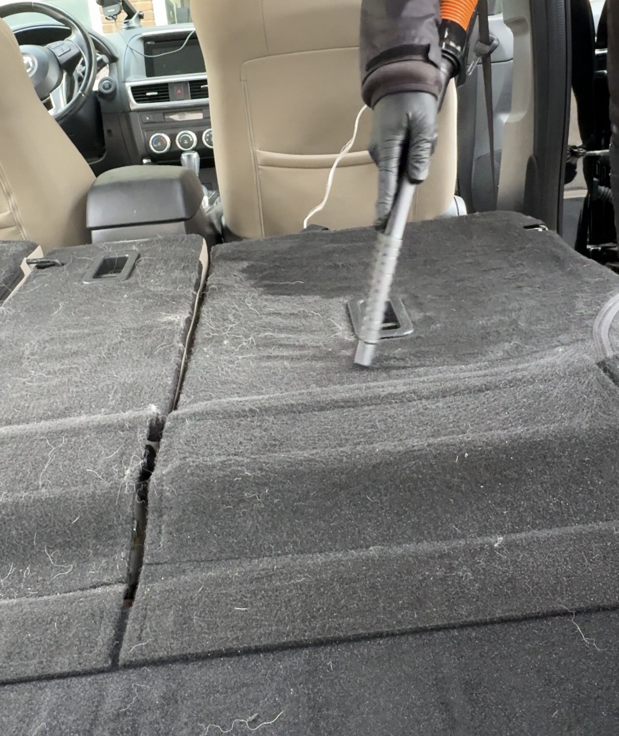Mobile interior detailing vacuum process for pet hair
