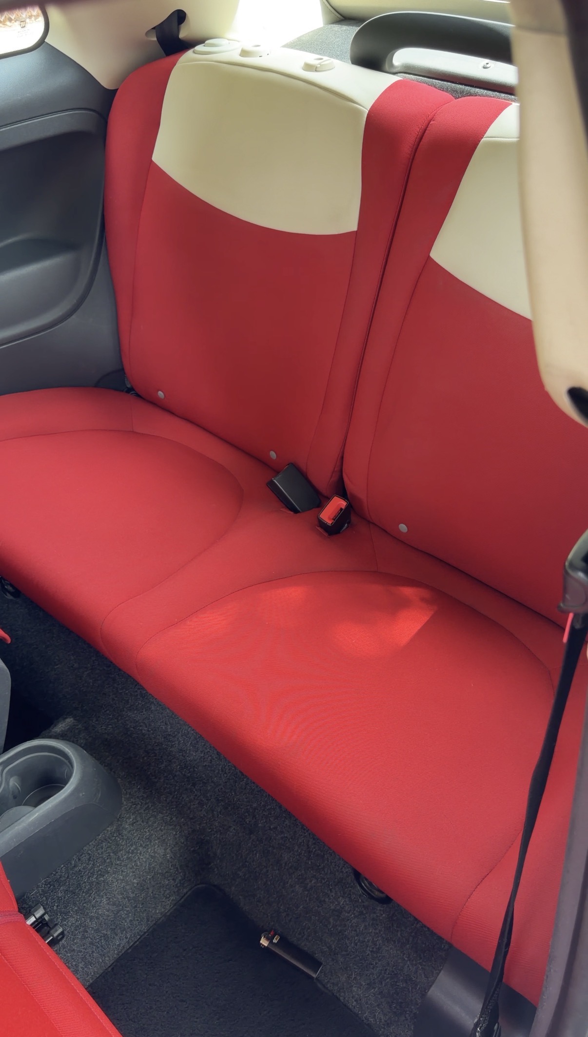 Clean detailed Fiat 500 rear seat bench after mobile detailing in Hayes Valley