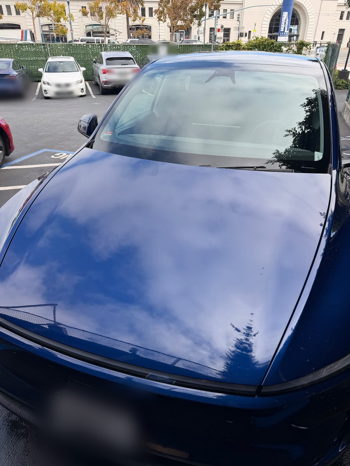 Clean glossy hood and front of a deep blue Tesla Model Y after detailing