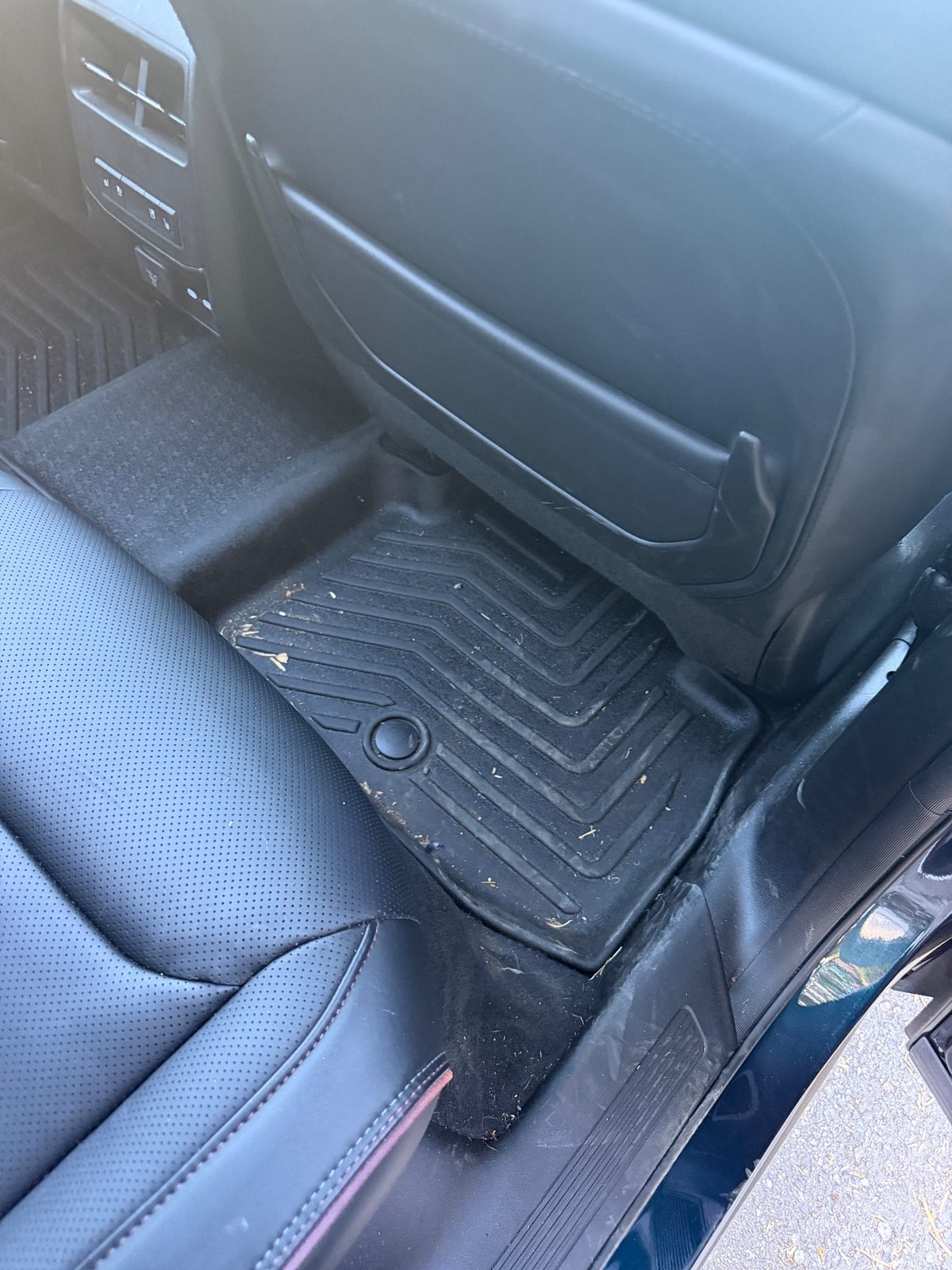 Rear footwell of a Jeep Wagoneer S before detailing, with pine needles and pet hair on the mat