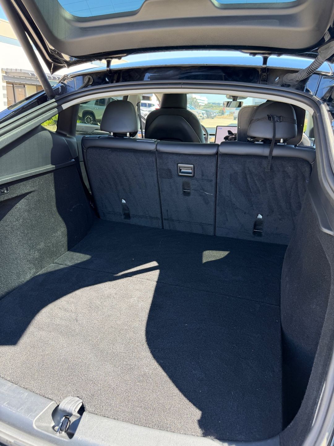 Clean cargo area of a black Tesla Model Y after detailing