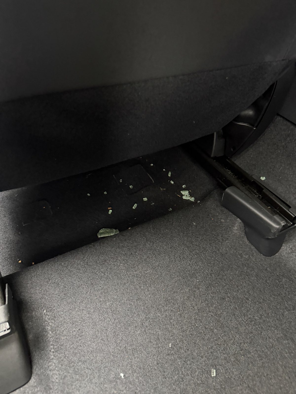 Plant debris on the rear footwell carpet of a Subaru Crosstrek before vacuuming
