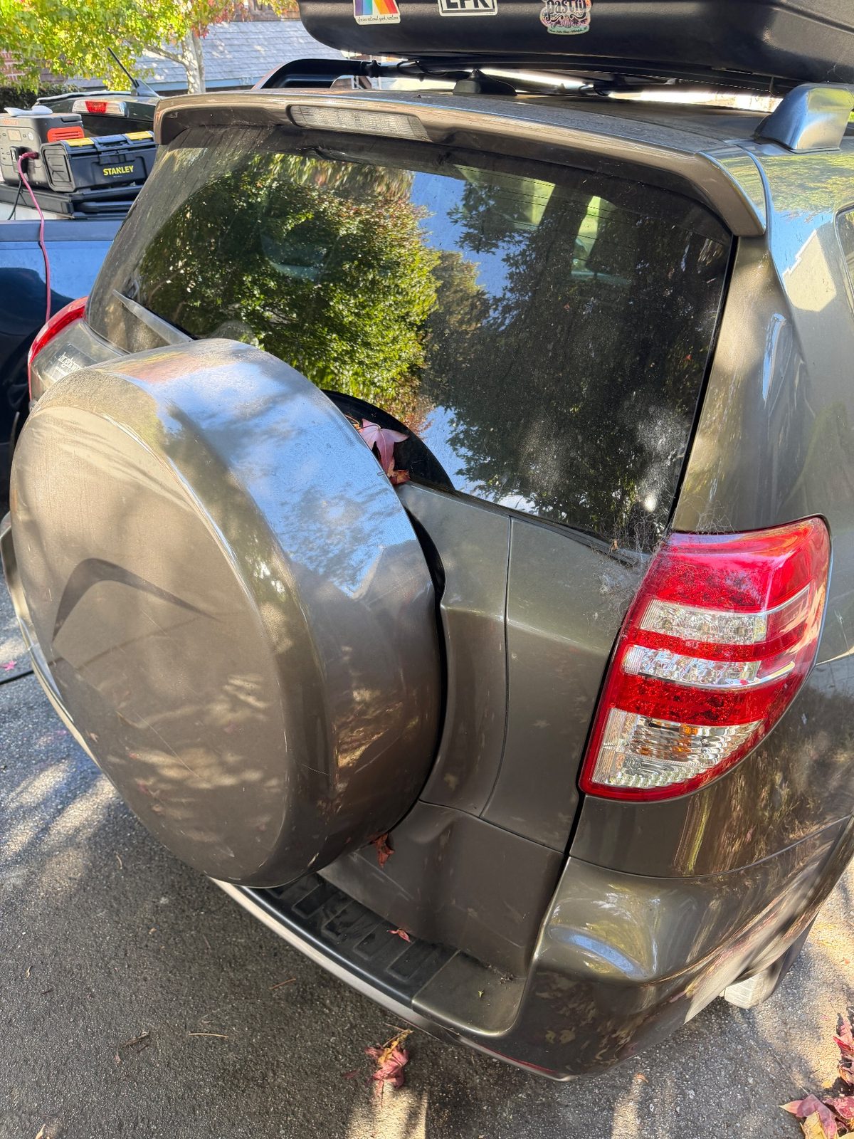 Cobwebs and dust on the rear glass and tail lamp of a 2011 Toyota RAV4 before washing