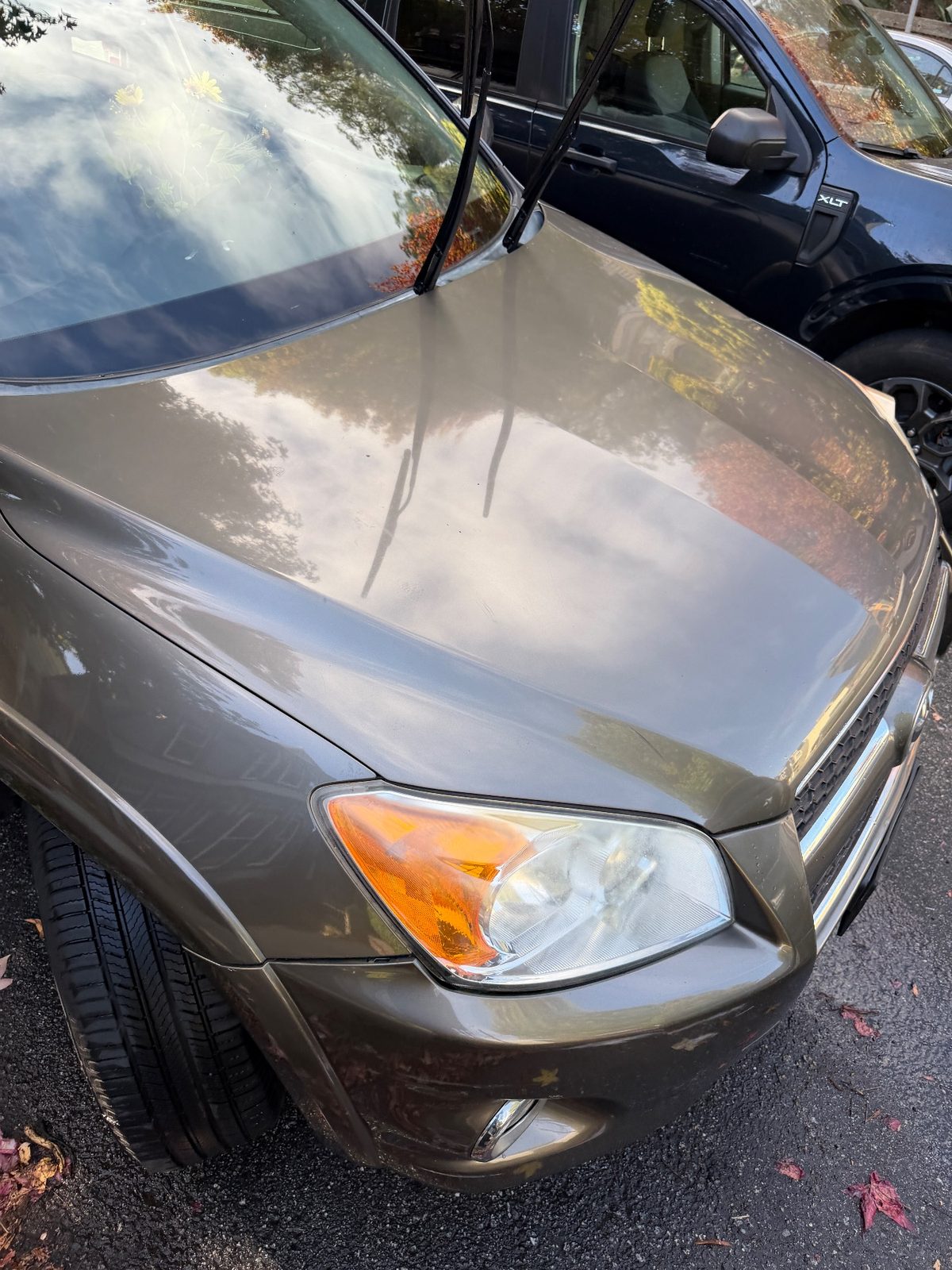 Hood and headlamp of a bronze Toyota RAV4 in the Inner Sunset, San Francisco, after detailing