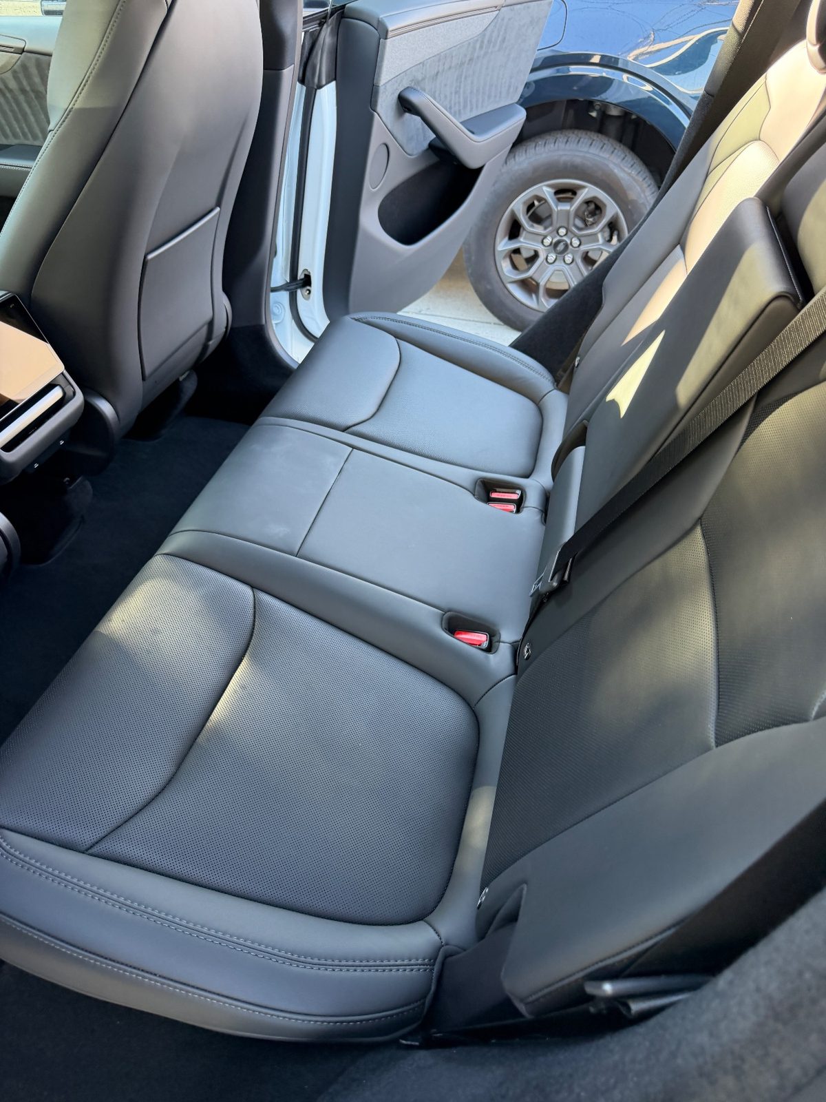 Clean rear leather seat of a white Tesla Model Y after detailing