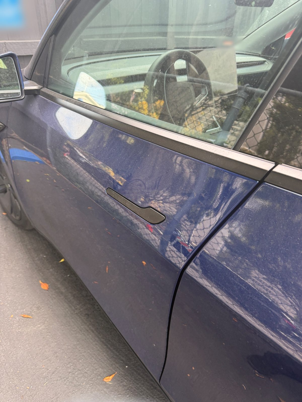 Dusty door of a blue Tesla Model Y before detailing