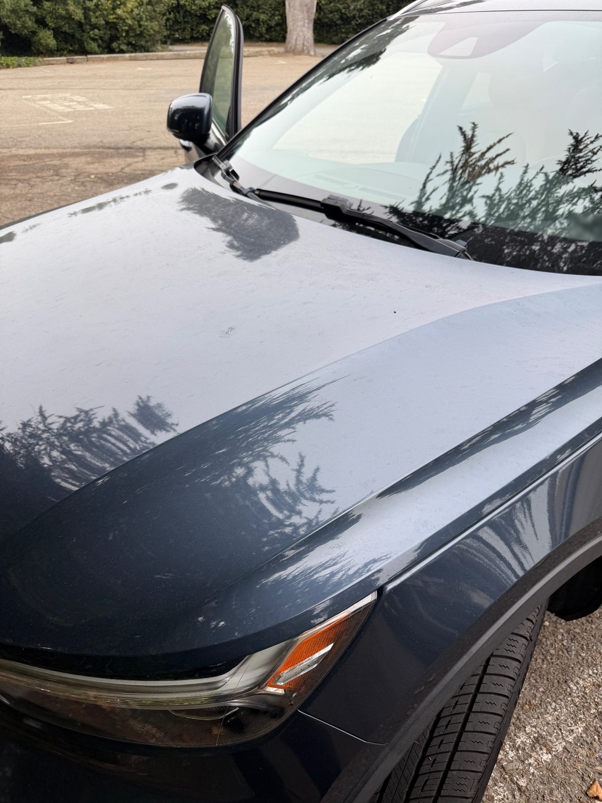 Hood of a Volvo XC40 under a dust film before washing