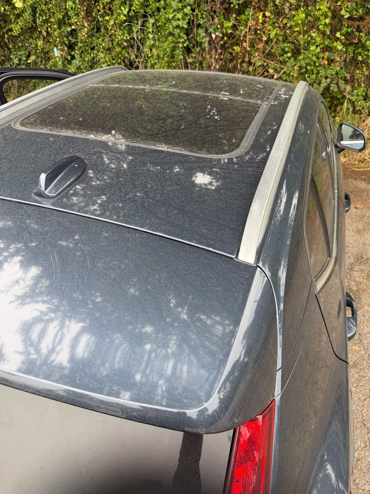 Roof and sunroof of a Volvo XC40 caked with dust before washing