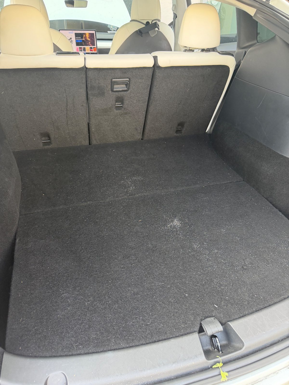Cargo area of a white Tesla Model Y before detailing, with dust and lint patches on the carpet