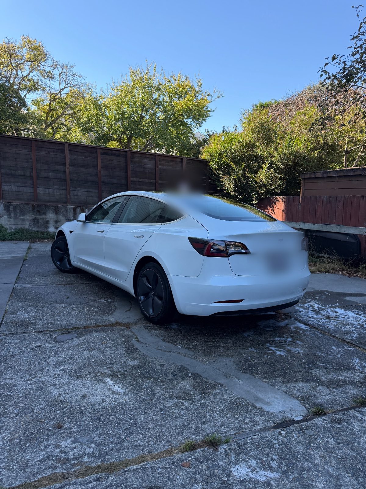 A clean white Tesla Model 3 parked in a fenced lot after a detail