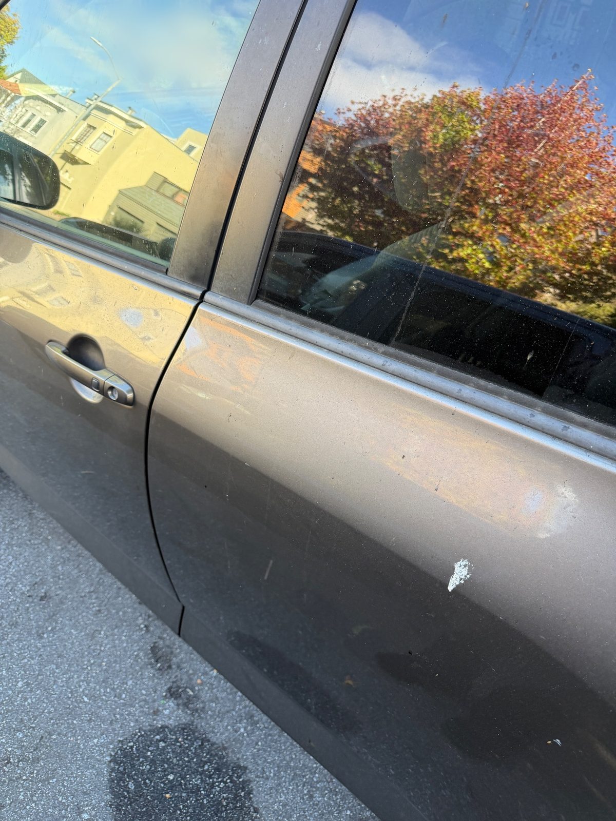 Dusty rear door with a bird dropping on a 2011 Toyota RAV4 before washing