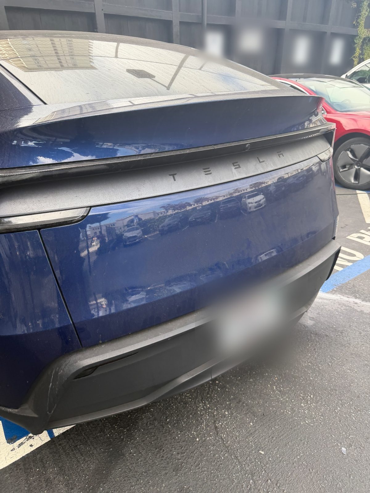 Dusty rear of a blue Tesla Model Y before detailing, tailgate and spoiler covered in dust