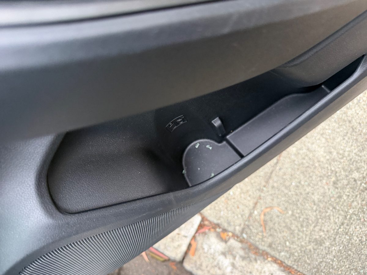 Rear door pocket of a Subaru Crosstrek before cleaning, green plastic bits in the cup recess