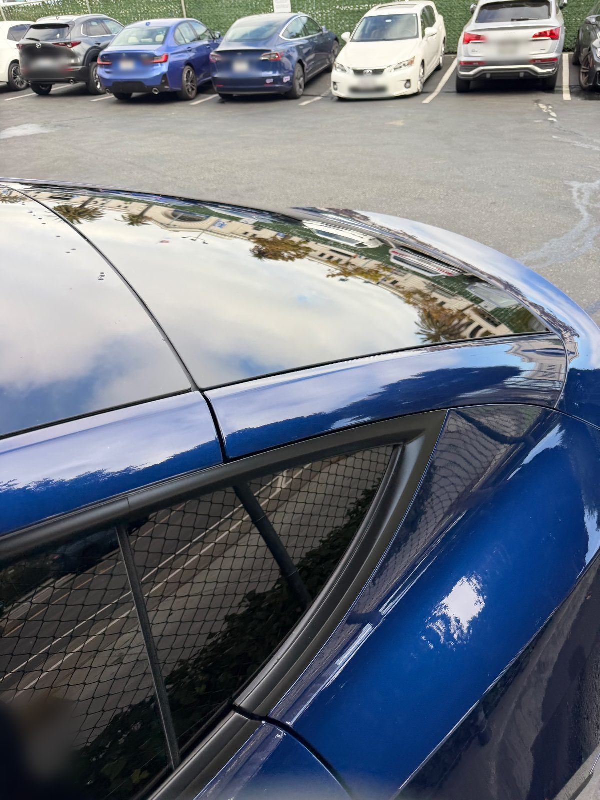 Blue Tesla Model Y glass roof and spoiler after exterior detail, Downtown San Francisco