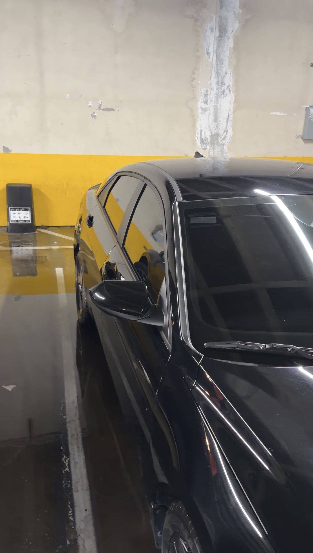 Driver side of a washed black Hyundai Elantra with glossy doors in a parking garage