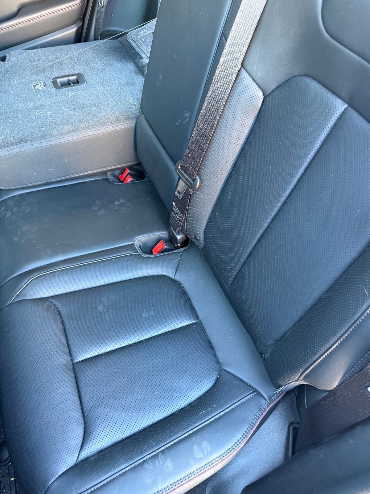 Rear leather seat of a Jeep Wagoneer S before detailing, with paw-print marks and pet hair
