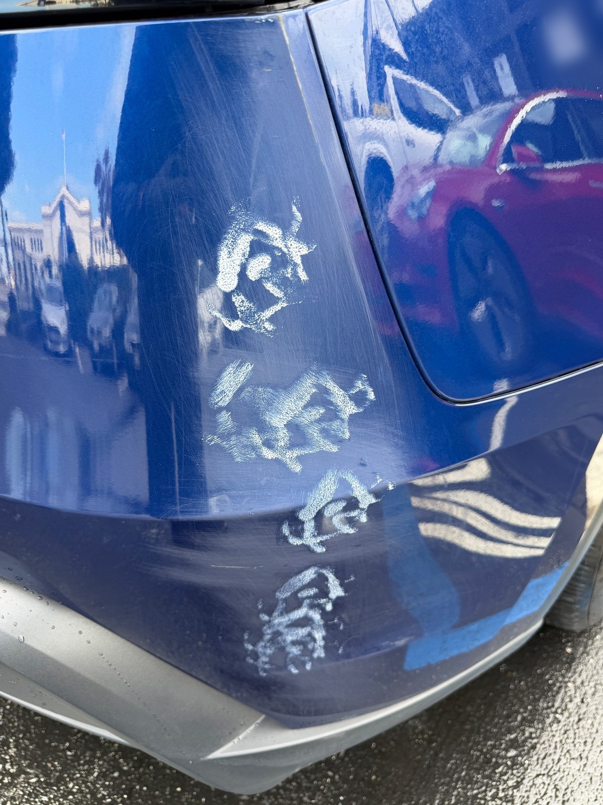 Rear corner paint of a blue Tesla Model Y with dried white bird-dropping marks and fine scratches before detailing