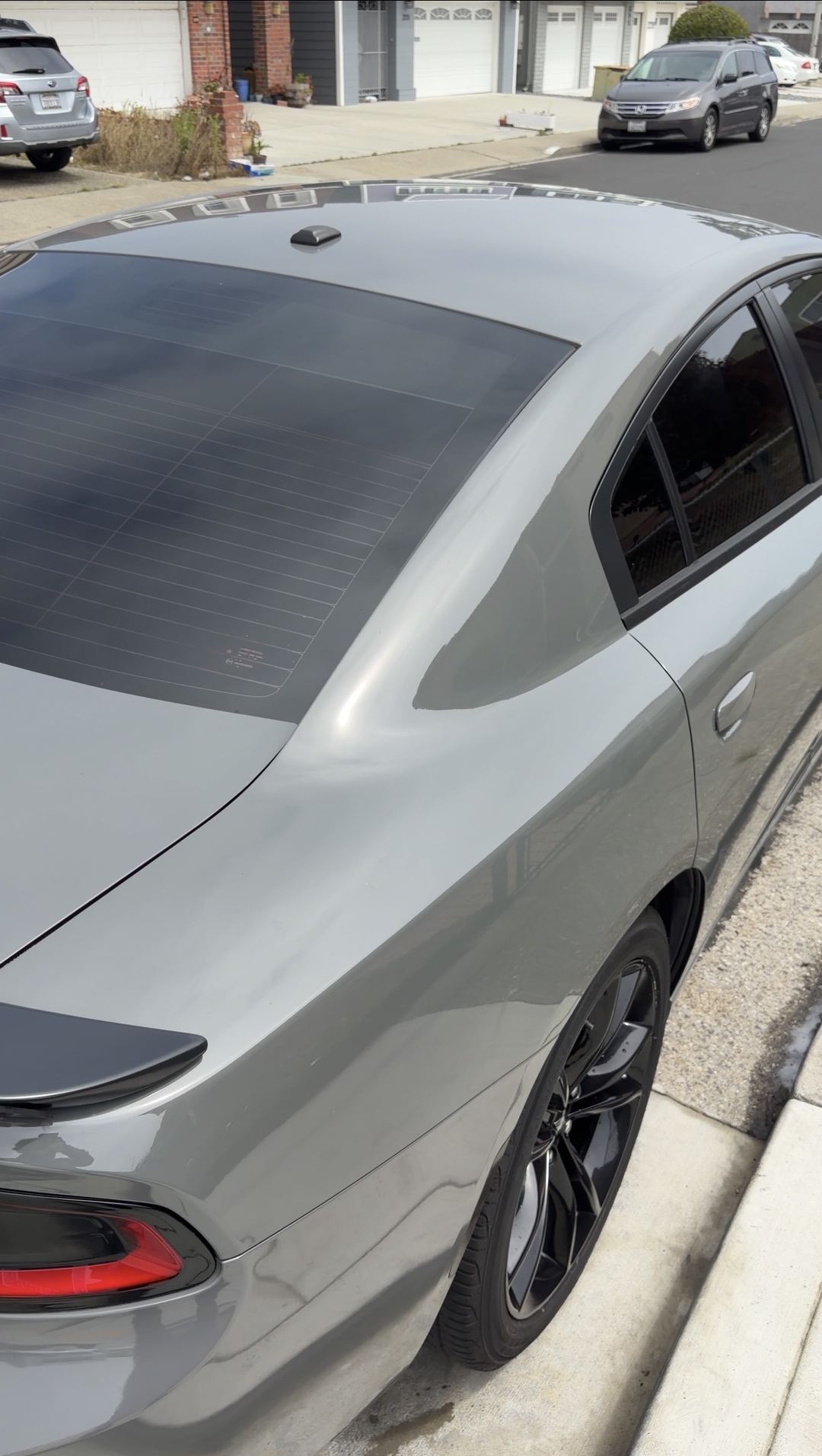 Clean grey Dodge Charger rear three-quarter with black wheel after an exterior detail