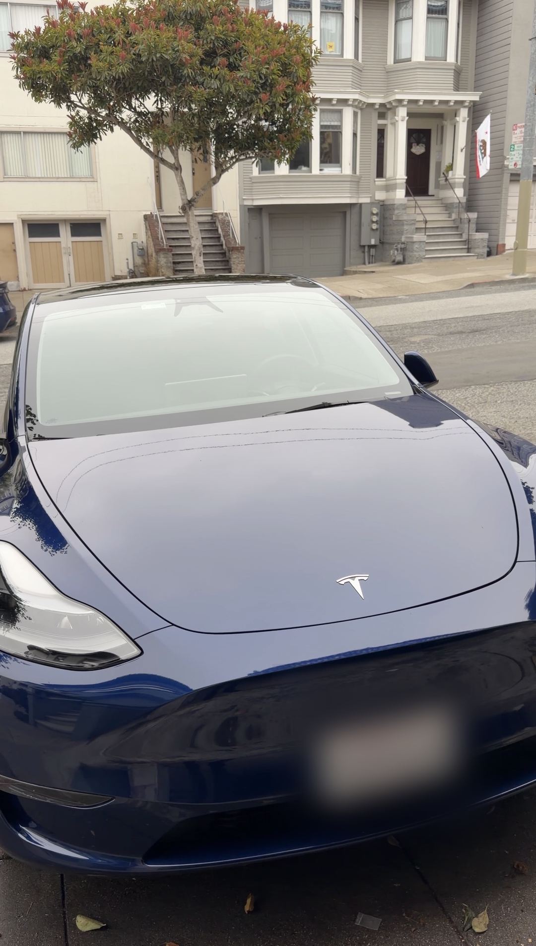 Freshly detailed deep blue Tesla Model Y photographed head-on at the kerb, paint glossy and spot-free.