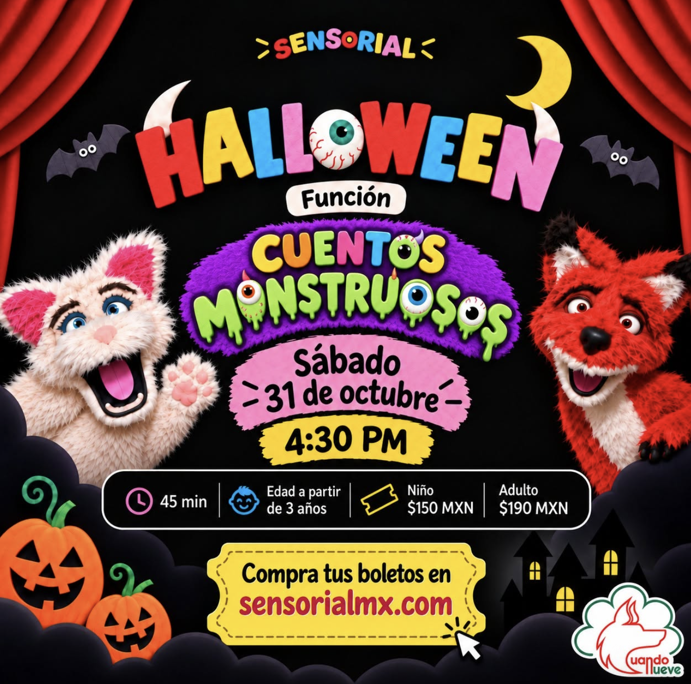 Cartel de Cuentos Monstruosos: función de Halloween de Sensorial, sábado 31 de octubre a las 4:30 pm, con un gato y un zorro de títeres.