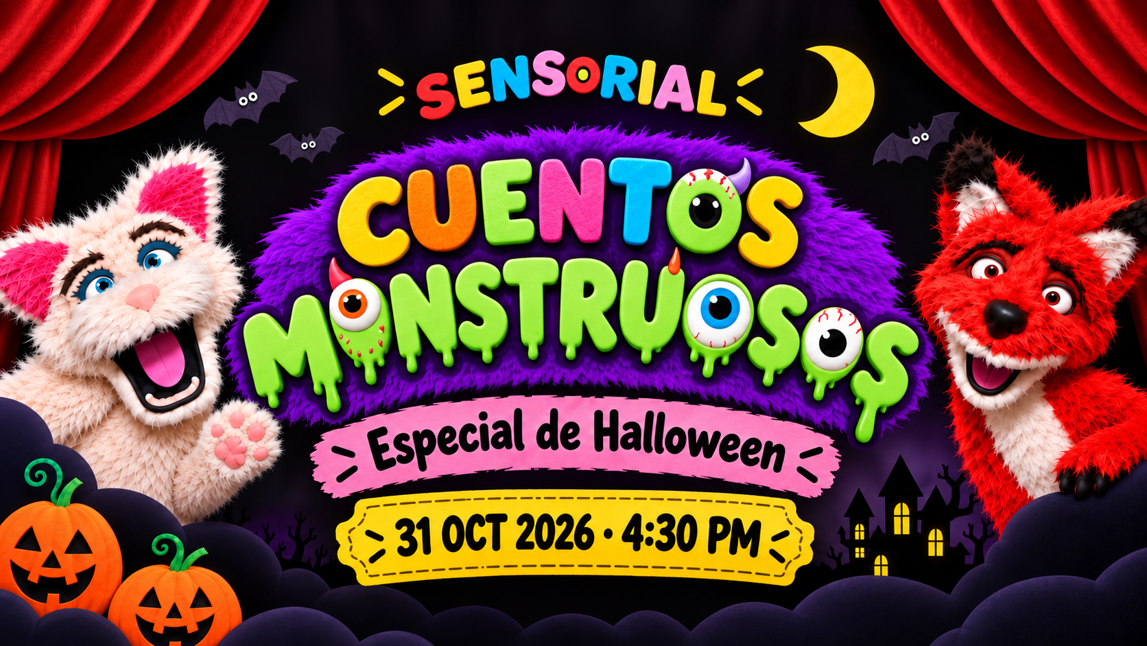 El gato y el zorro de Cuentos Monstruosos entre cortinas rojas, murciélagos y calabazas de Halloween.