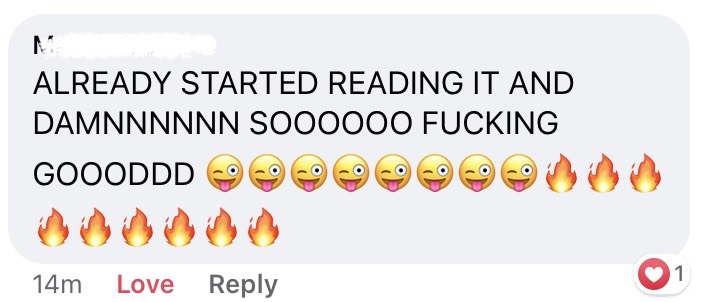 Facebook comment: already started reading and it's so good