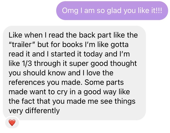 Reader message: the back cover hooked me, some parts made me want to cry in a good way