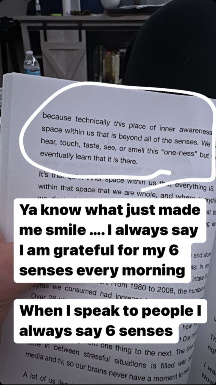 Reader's Instagram story quoting a passage from the book about gratitude for six senses