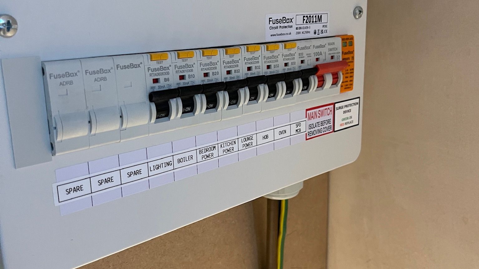 Volt Electrical Solutions branded consumer unit with labeled Type A RCD circuit breakers Volt Electrical Solutions branded consumer unit with labeled Type A RCD circuit breakers
