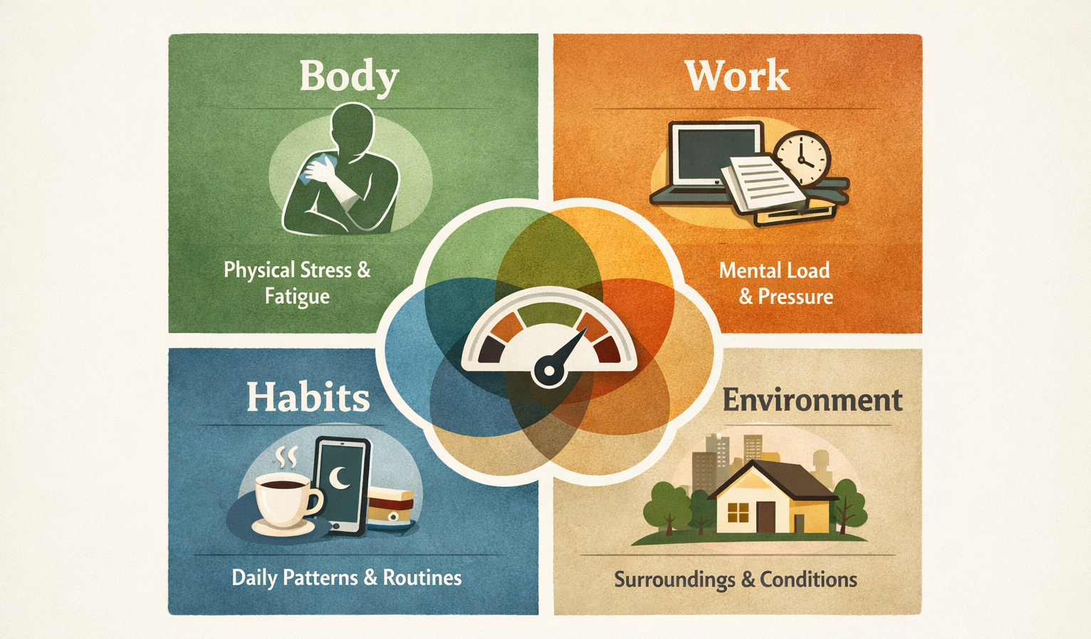 Illustration showing four areas of load: Body, Work, Habits, and Environment