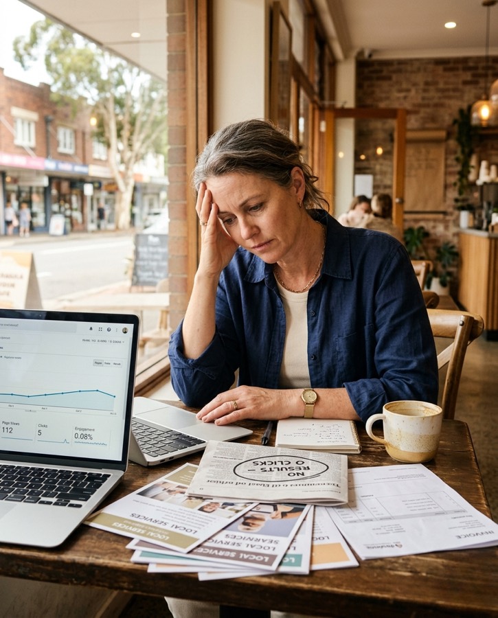 A business owner looking stressed over paperwork and a laptop