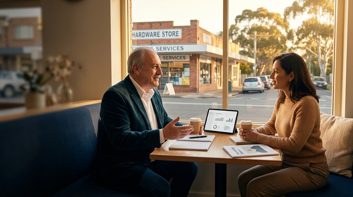 An AIMD advisor meeting a local business owner over coffee, with main street shops outside the window