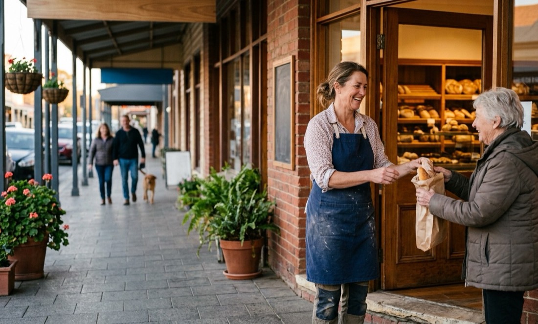 A bakery owner handing a loaf to a regular customer on a country main street
