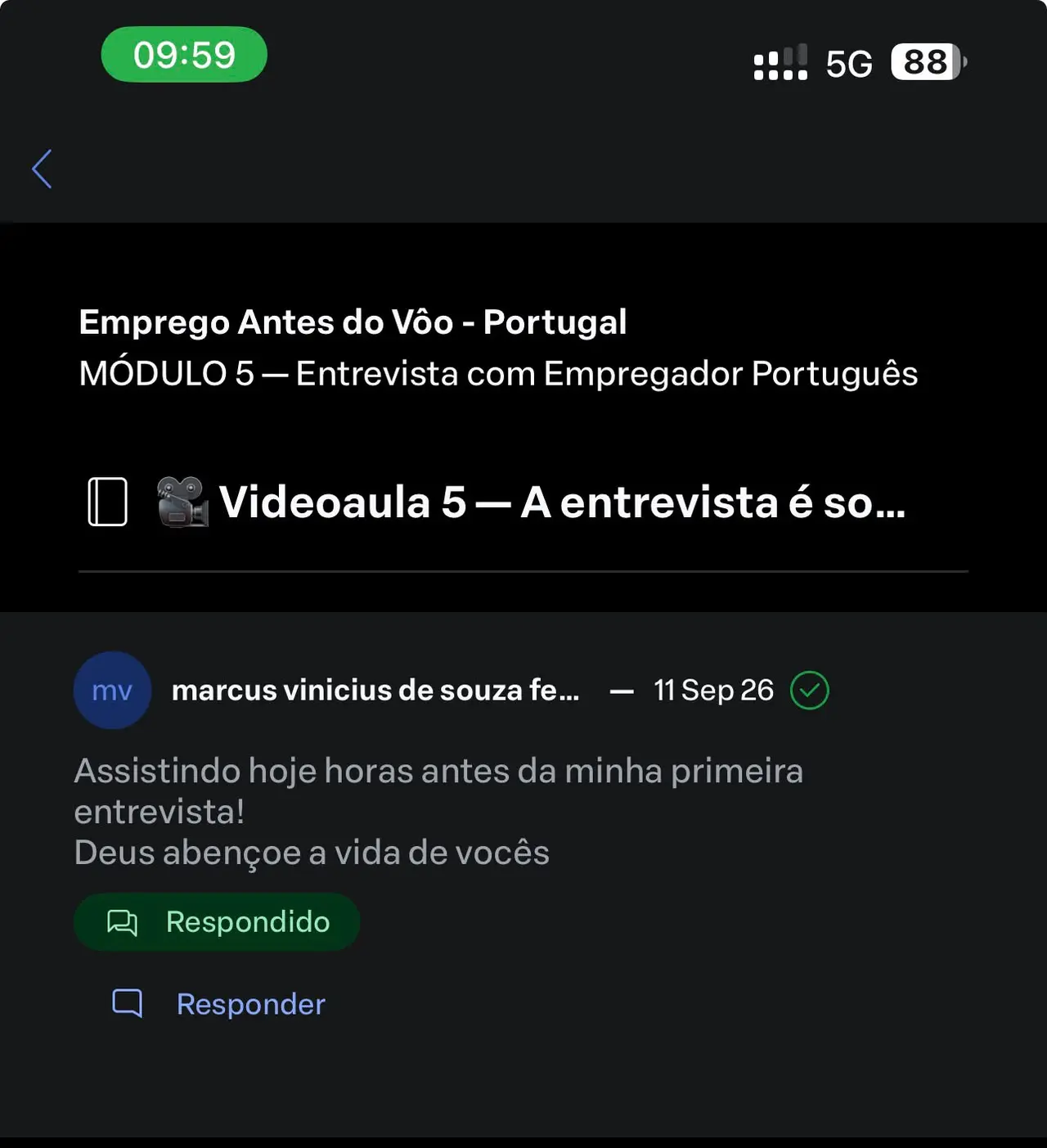 Comentário de Marcus Vinicius no módulo de entrevistas