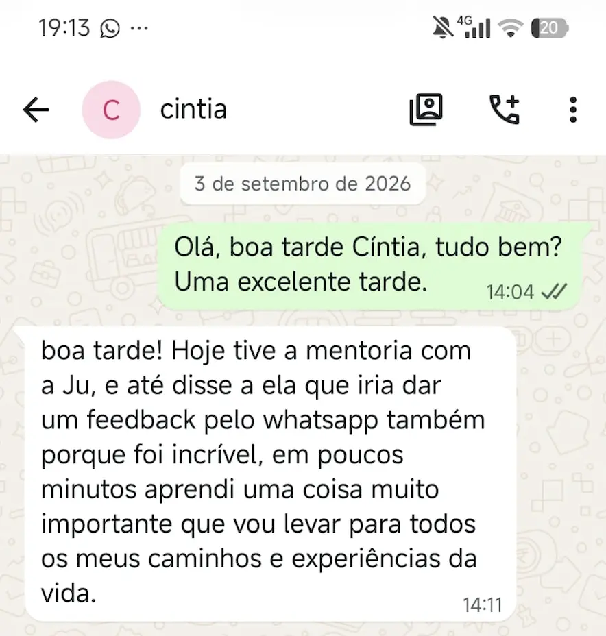 Depoimento de Cíntia sobre a mentoria com Juli Pereira