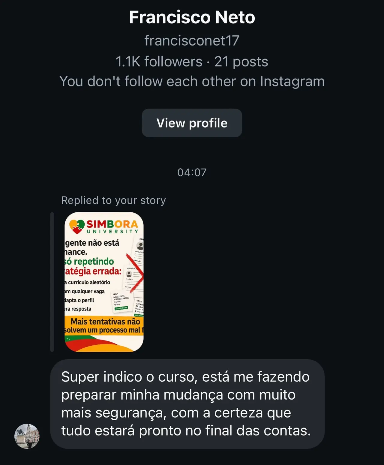 Depoimento de Francisco Neto sobre o Emprego Antes do Vôo