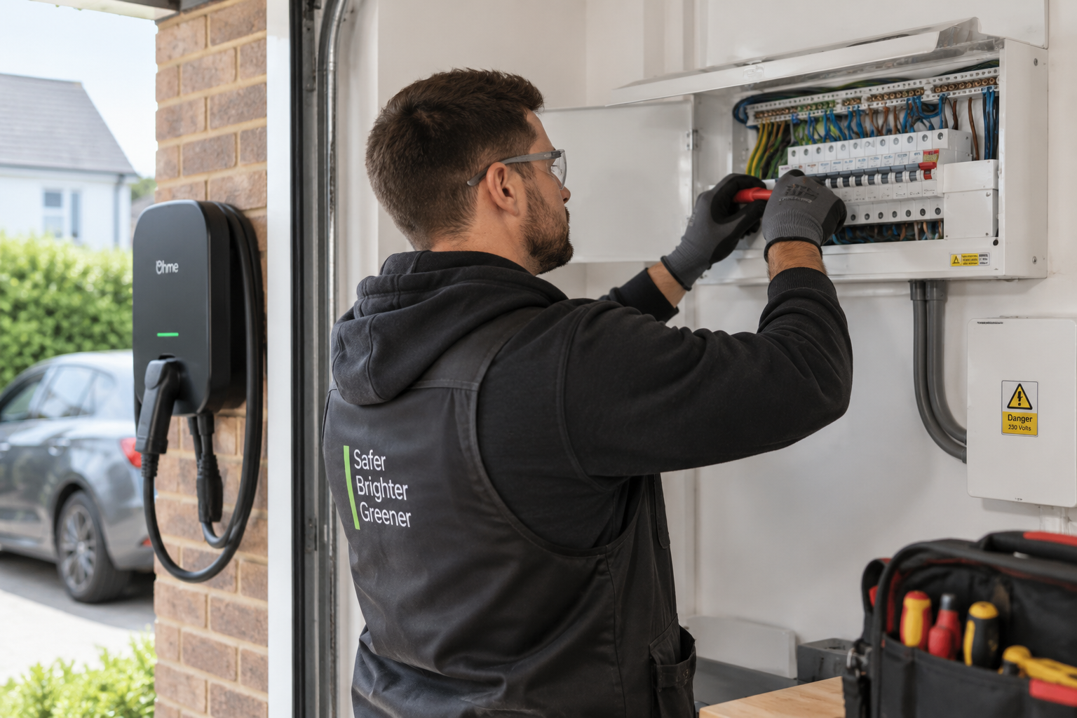 electrician working on a EV charger installation in a residential property. electrician working on a EV charger installation in a residential property.
