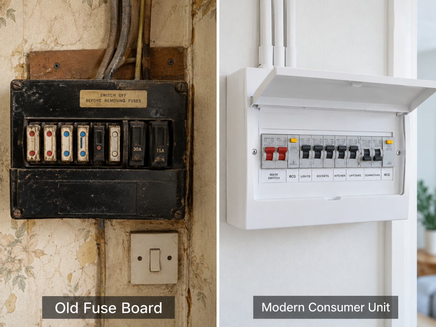 Old fuse board compared with a modern consumer unit in a UK home Old fuse board compared with a modern consumer unit in a UK home