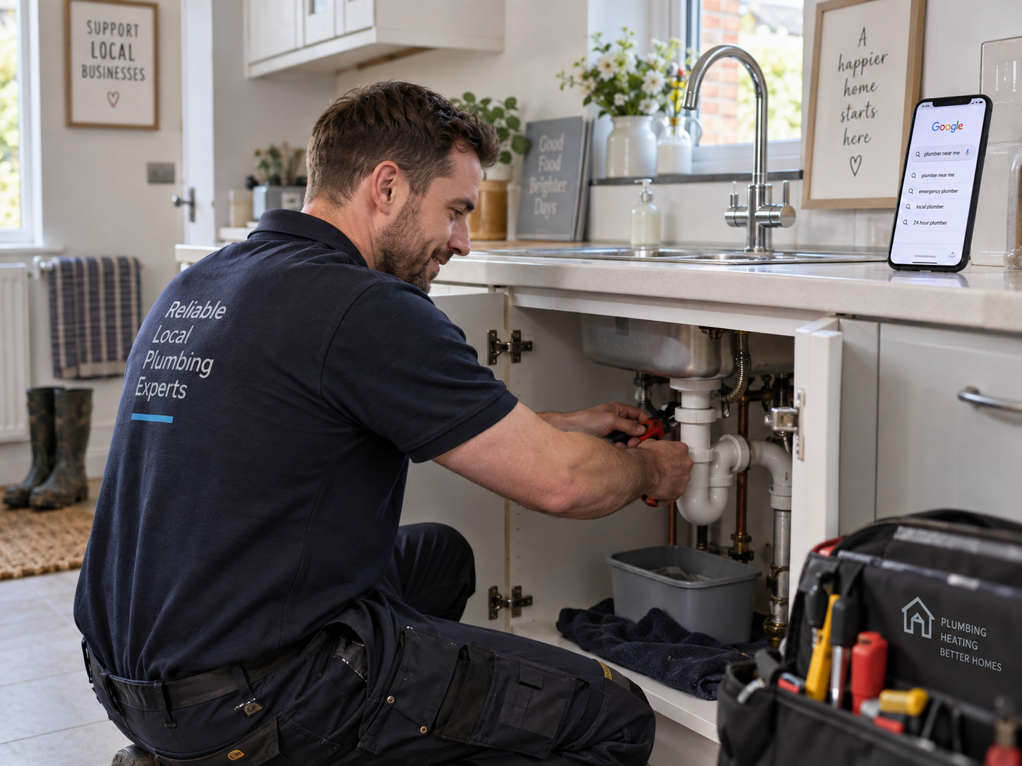 Professional UK plumber repairing pipework under a kitchen sink in a residential home with a Google search shown on a phone nearby Professional UK plumber repairing pipework under a kitchen sink in a residential home with a Google search shown on a phone nearby