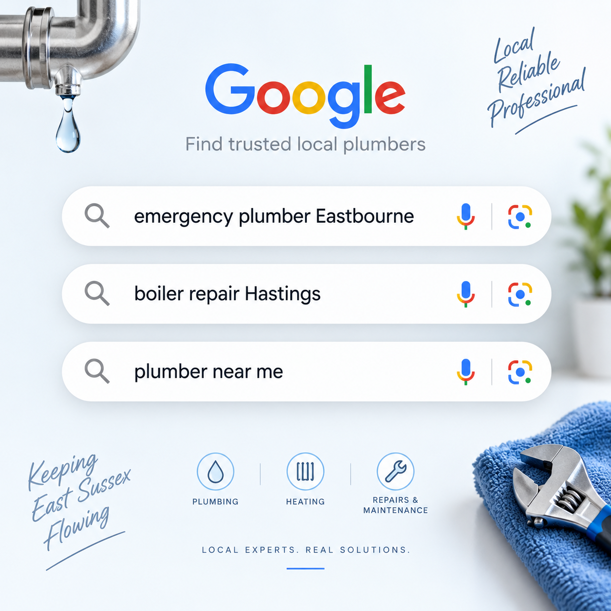 Google-style search graphic showing ‘emergency plumber Eastbourne’, ‘boiler repair Hastings’ and ‘plumber near me Google-style search graphic showing ‘emergency plumber Eastbourne’, ‘boiler repair Hastings’ and ‘plumber near me