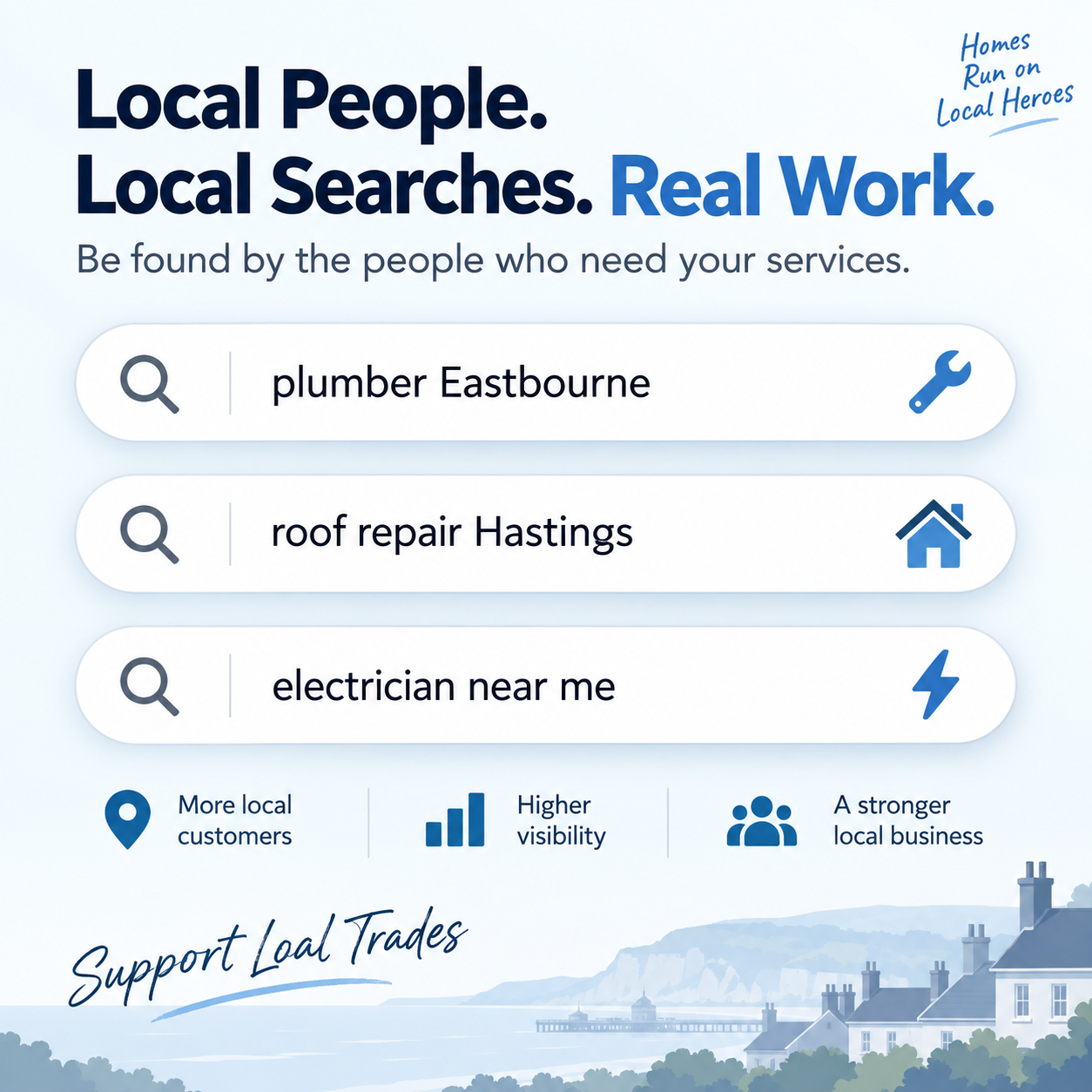 Search-bar graphic showing example local searches for plumber Eastbourne, roof repair Hastings and electrician near me Search-bar graphic showing example local searches for plumber Eastbourne, roof repair Hastings and electrician near me