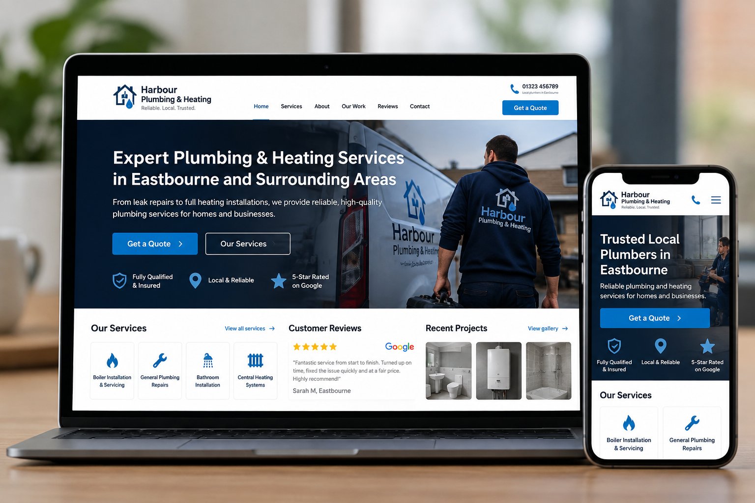 Responsive plumbing and heating website shown on laptop and mobile with services, reviews, project photos and Get a Quote buttons Responsive plumbing and heating website shown on laptop and mobile with services, reviews, project photos and Get a Quote buttons