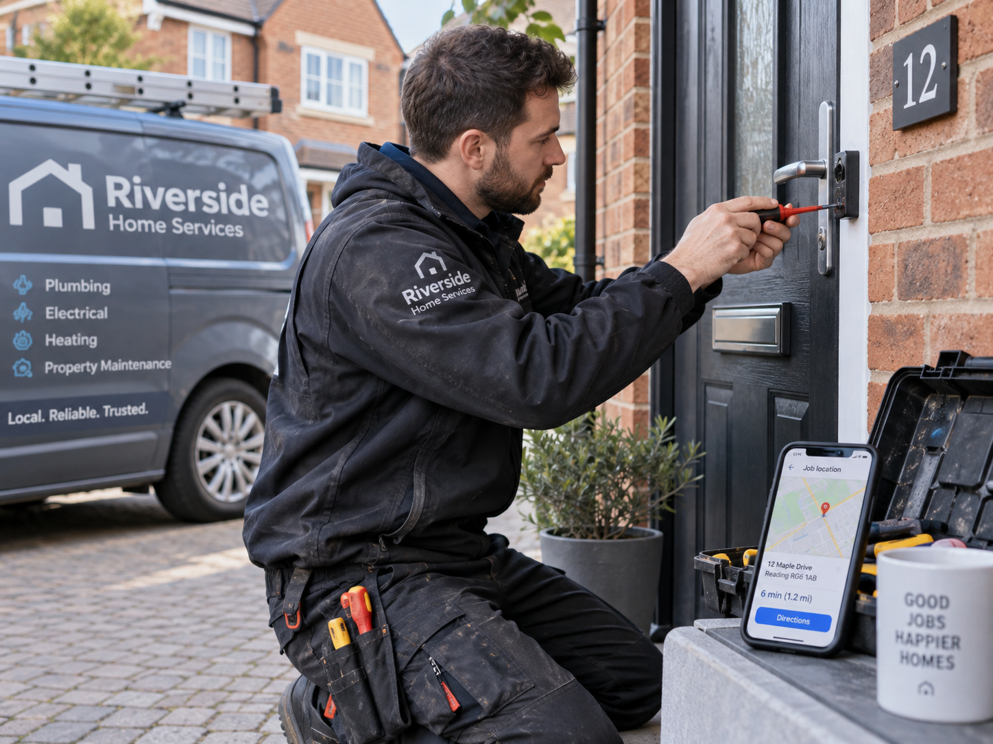 Professional UK tradesperson working at a residential front door with a phone showing Google Maps beside him” Professional UK tradesperson working at a residential front door with a phone showing Google Maps beside him”