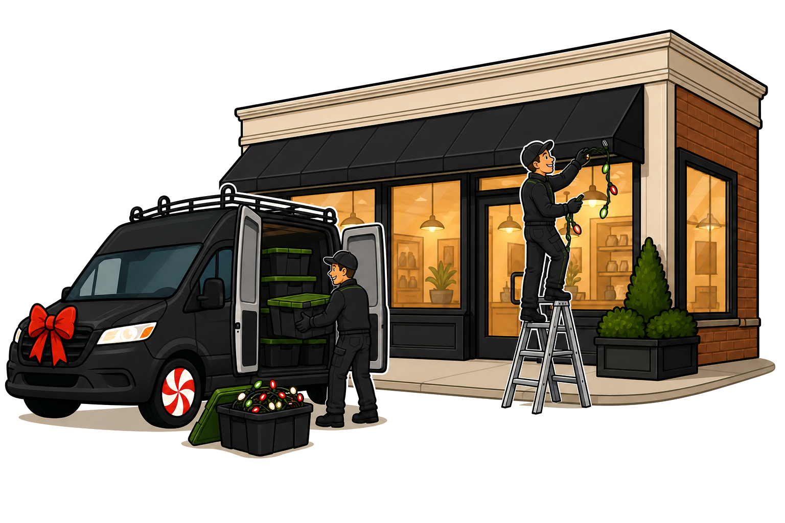 Removal and storage illustration: Premium Holiday Lights team removing and organizing commercial holiday lights into labeled storage totes